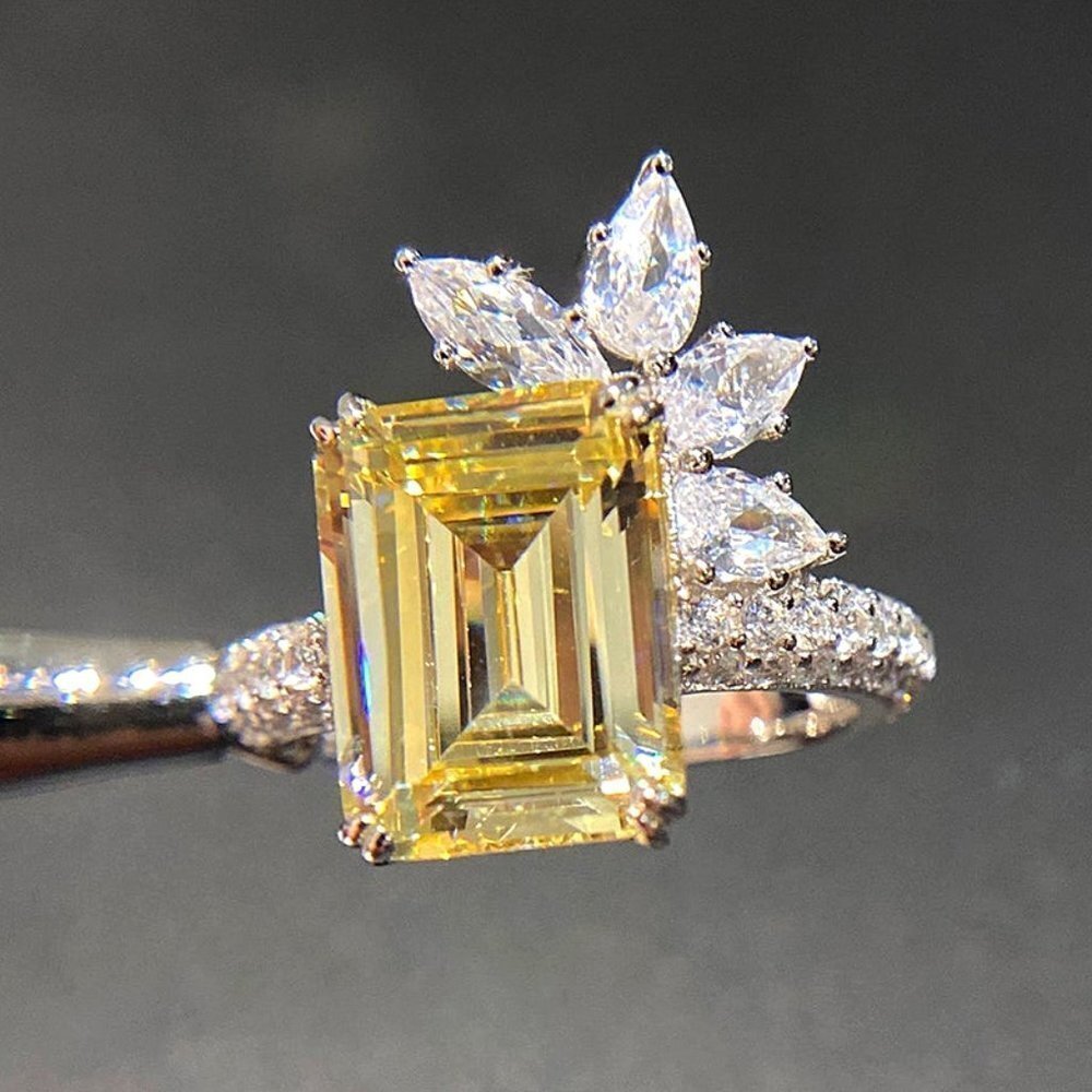 🎁 Yellow CZ Silver Plated Flower Rectangle Crystal Ring for Women, HA4399-6